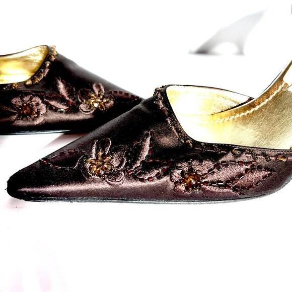 Casadei Brown Satin Beaded Embroidered Dress Ankle Strap Formal Pumps Sz 8 - Picture 1 of 14